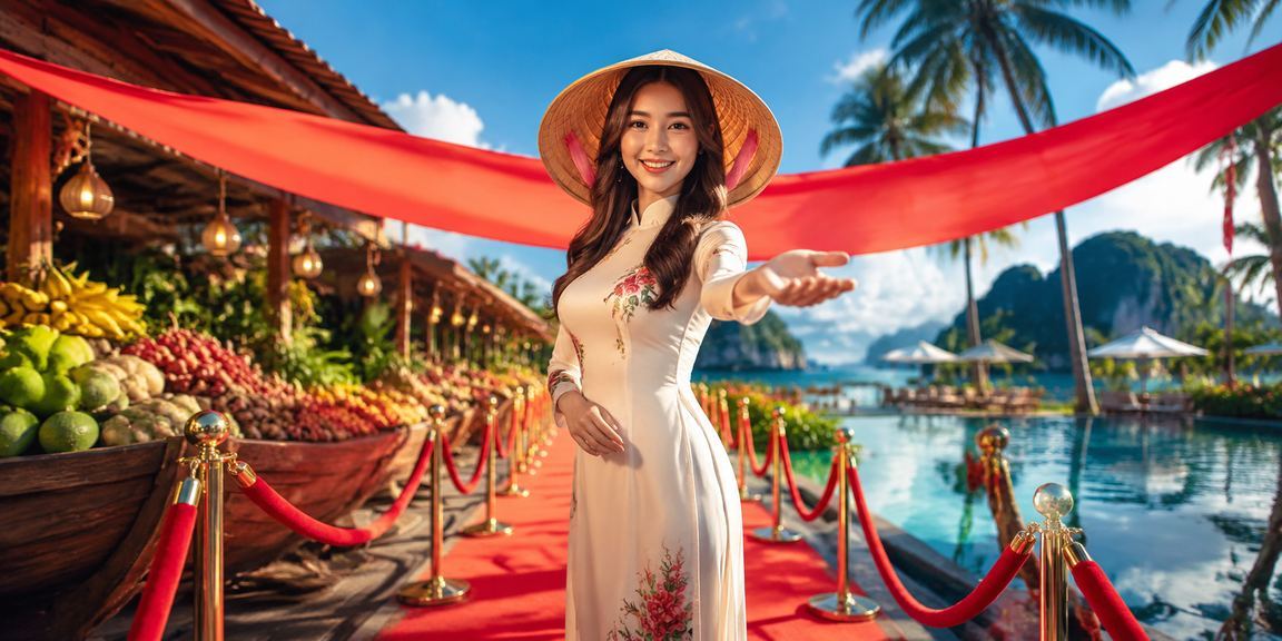 Khung cảnh casino sông Mekong với trang trí nón lá và ánh đèn xanh neon